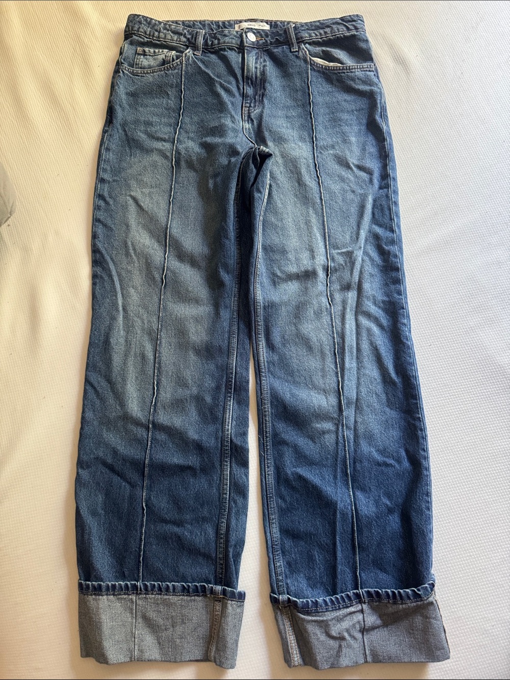 Mango Distressed Blue Wide-Leg Jeans With Front & Back Seam Detailing